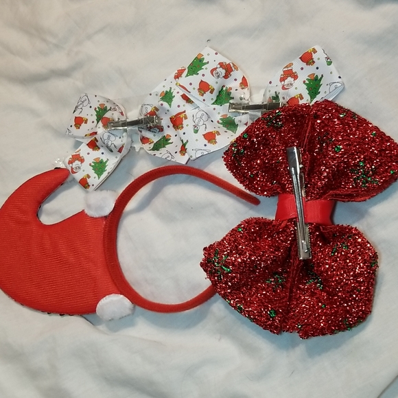 HOLIDAY HAIR BLING FASCINATOR SANTA HAT GLITTER BOW SET OF CHRISTMAS TREE RIBBON - Picture 11 of 11